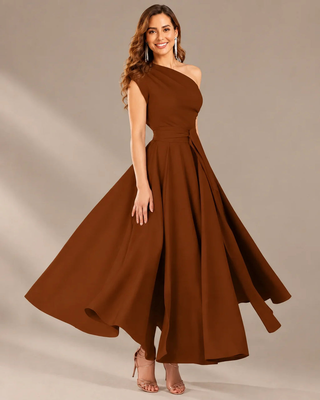 One-Shoulder Cap Sleeve Belted Fit and Flare Midi Dress | Oyese