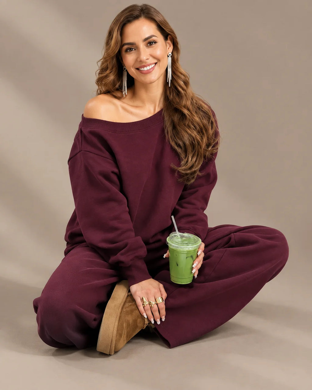 Off-Shoulder Sweatshirt and Wide-Leg Sweatpants Two Piece Set | Oyese