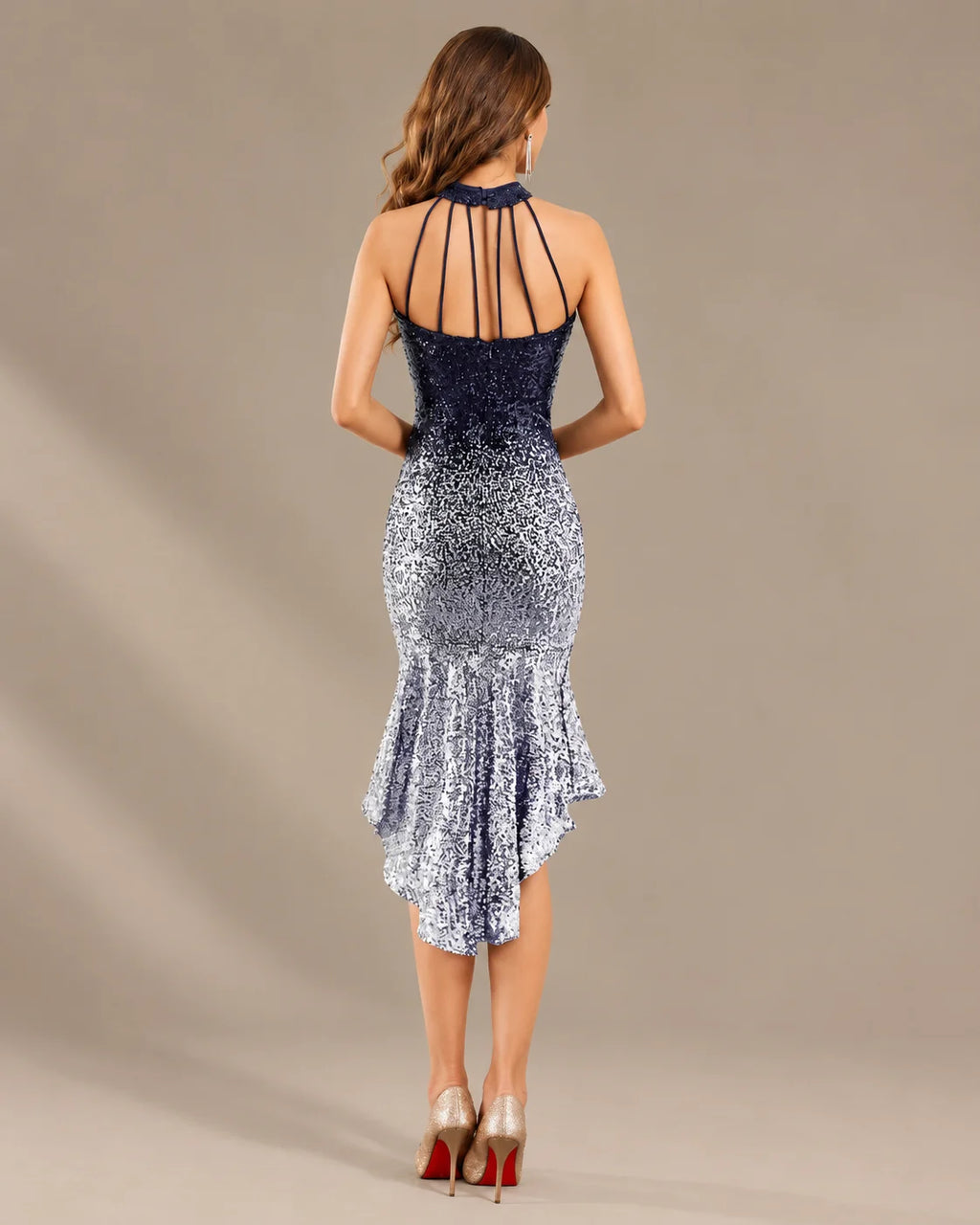 Halter Keyhole Ombre Sequin High-Low Mini Dress | Oyese