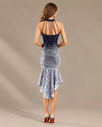 Halter Keyhole Ombre Sequin High-Low Mini Dress | Oyese