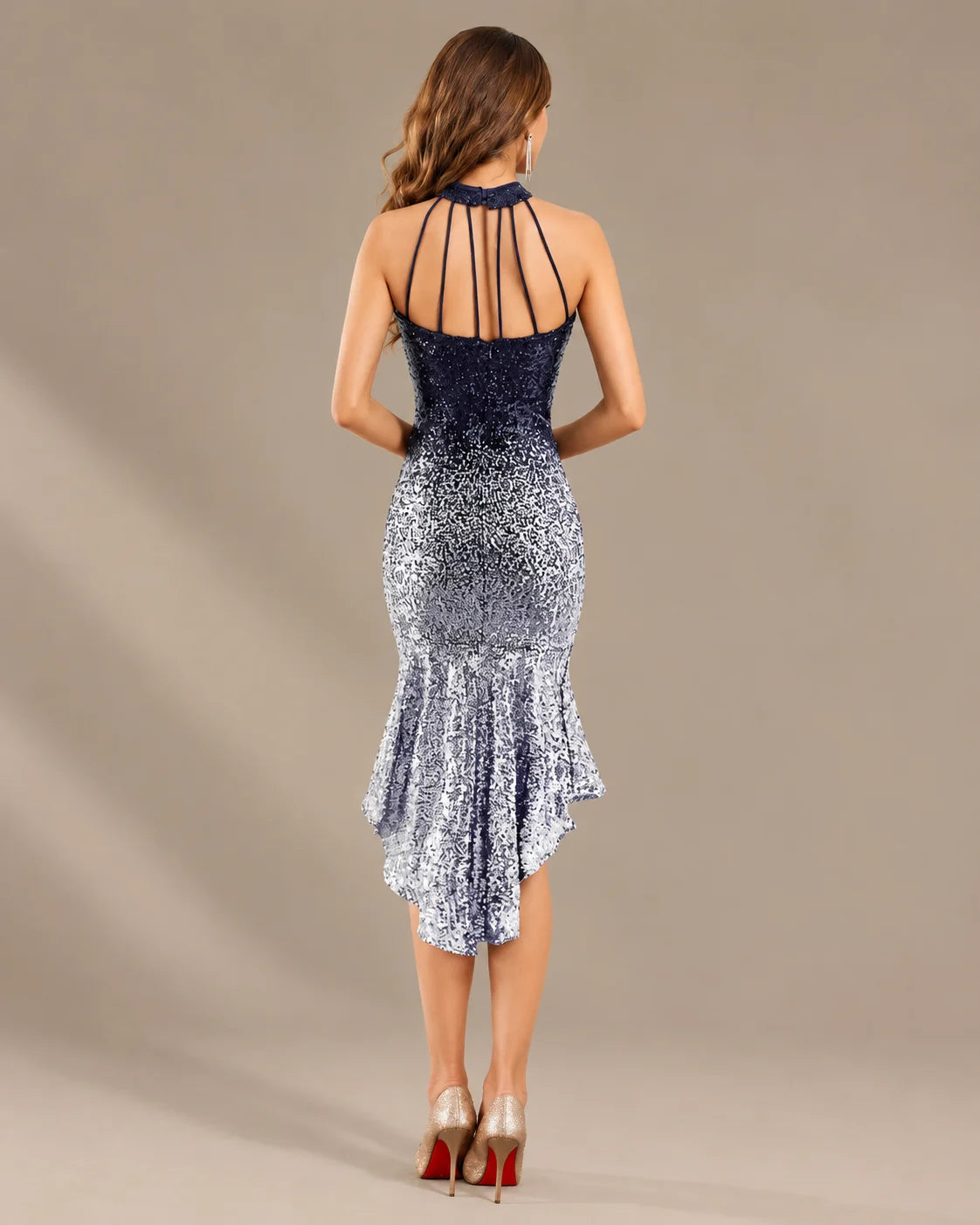 Halter Keyhole Ombre Sequin High-Low Mini Dress | Oyese