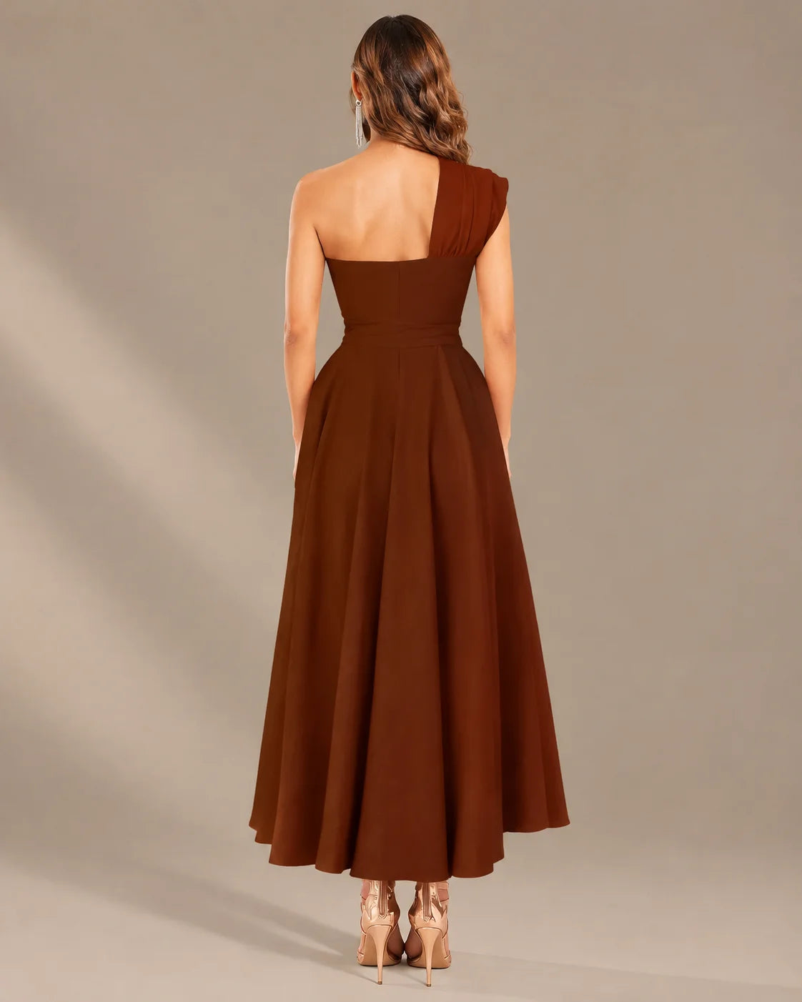 One-Shoulder Cap Sleeve Belted Fit and Flare Midi Dress | Oyese