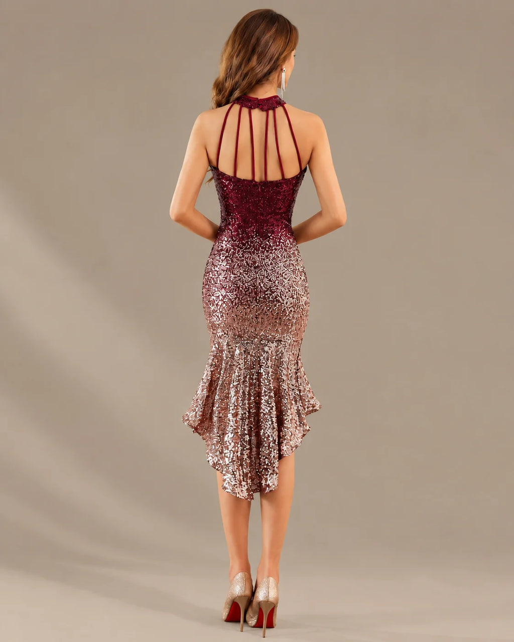 Halter Keyhole Ombre Sequin High-Low Mini Dress | Oyese