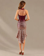 Halter Keyhole Ombre Sequin High-Low Mini Dress | Oyese