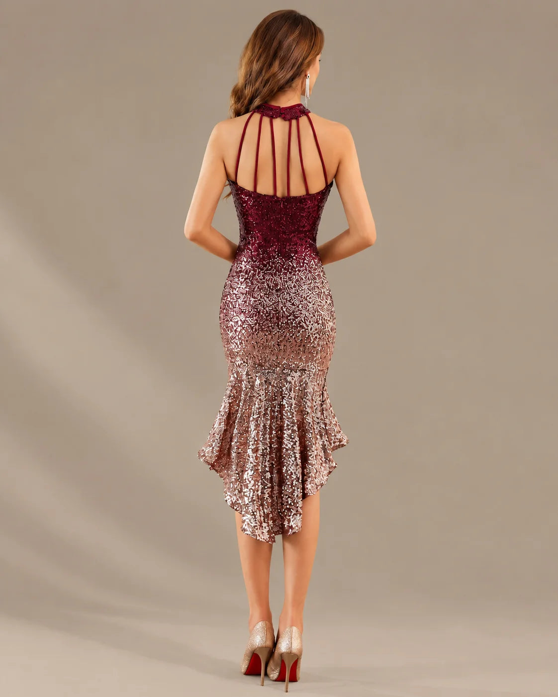 Halter Keyhole Ombre Sequin High-Low Mini Dress | Oyese