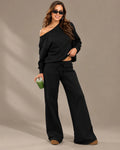 Off-Shoulder Sweatshirt and Wide-Leg Sweatpants Two Piece Set | Oyese