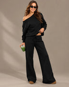 Off-Shoulder Sweatshirt and Wide-Leg Sweatpants Two Piece Set | Oyese