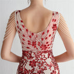 V-Neck Floral Sequin Embroidered Mermaid Evening Gown | Oyese