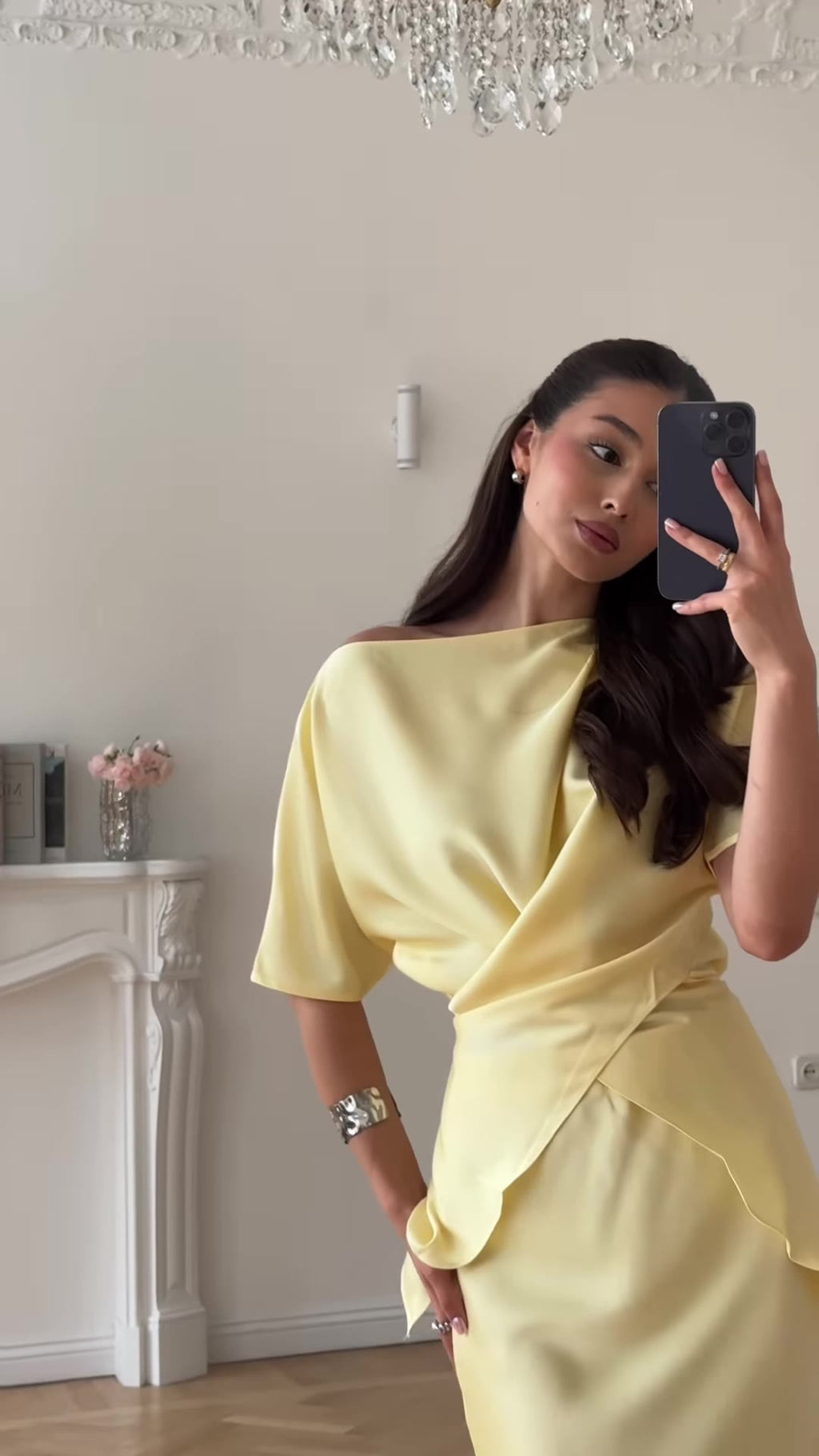 Lemon Satin Off-Shoulder Wrap Top & Maxi Skirt Set
