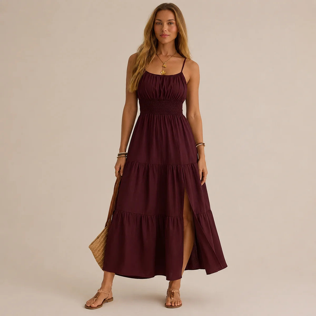 Pleated Solid Color Slim Dress