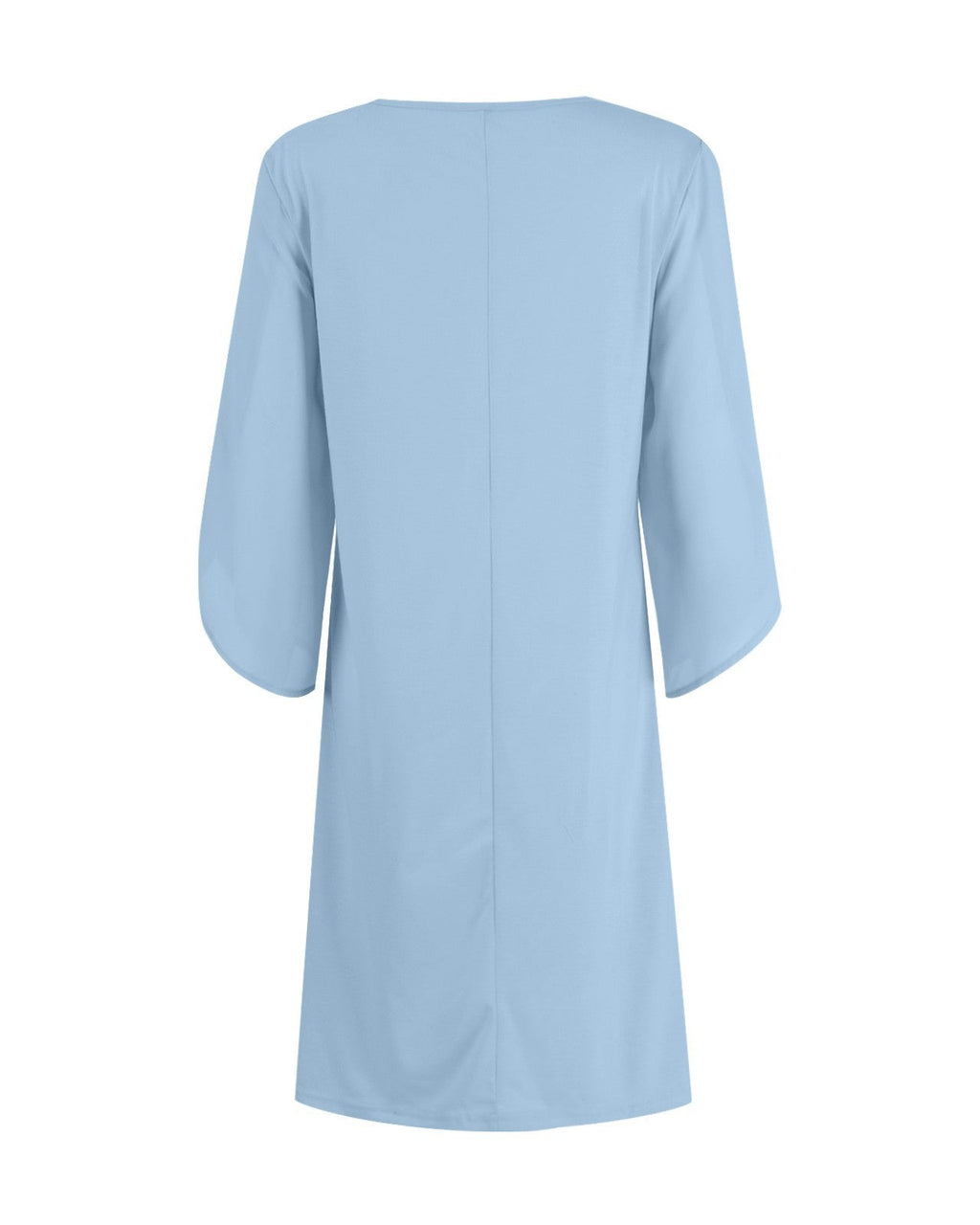 A light blue three-quarter sleeve dress shown from the back, featuring a simple crew neck and a central seam, set against a plain white background.