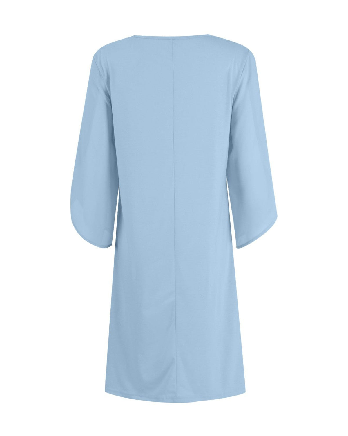 A light blue three-quarter sleeve dress shown from the back, featuring a simple crew neck and a central seam, set against a plain white background.