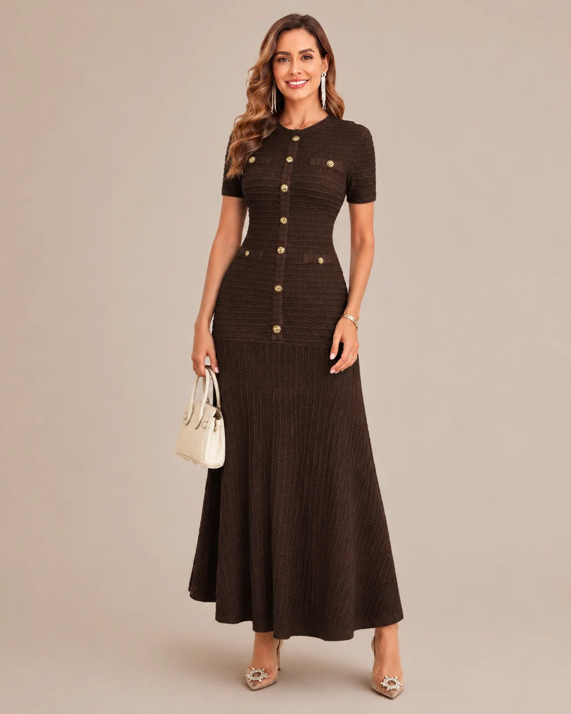 Textured Tweed Button Front Fitted Flare Midi Dress | Oyese