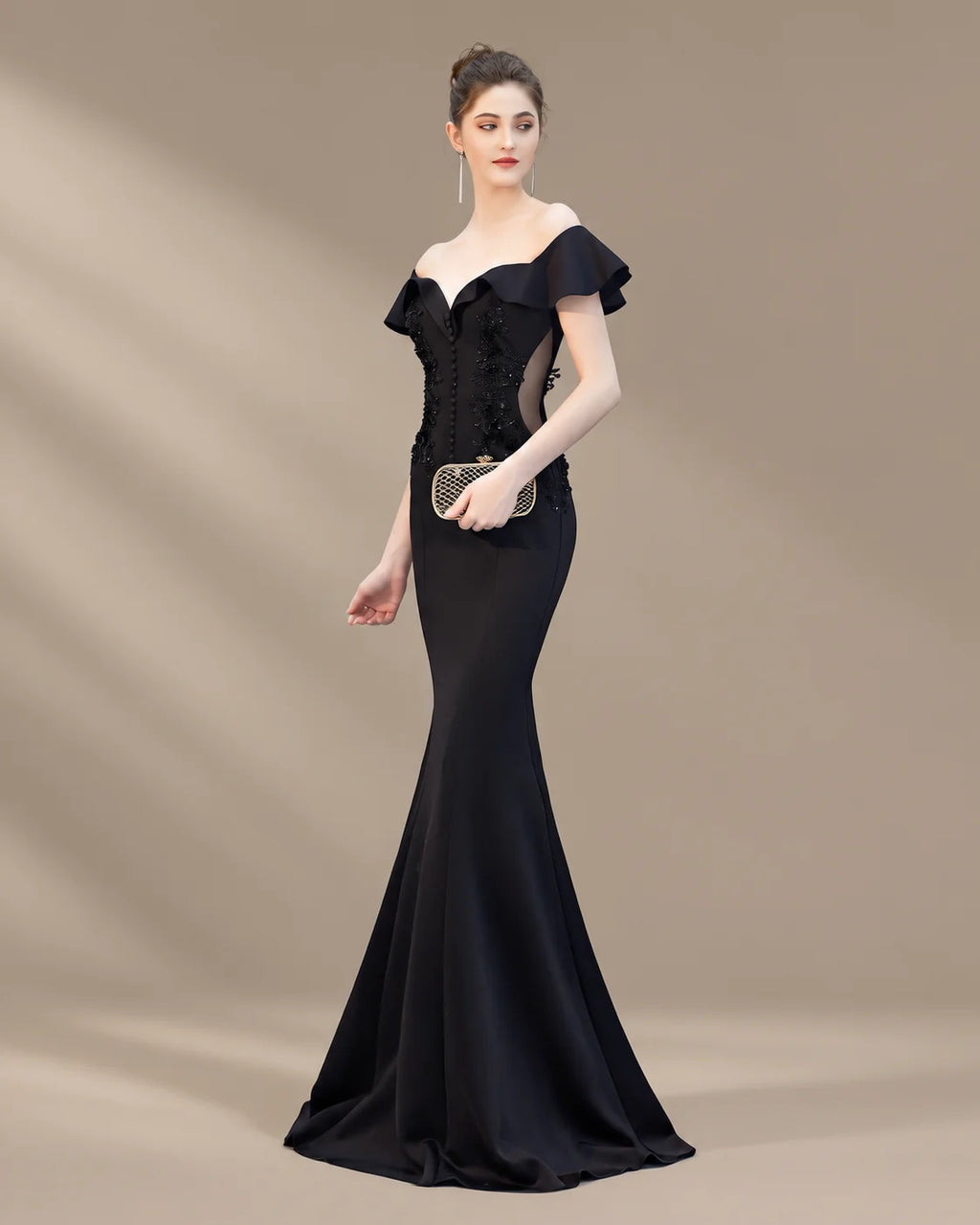Off-Shoulder Ruffle Sleeve Beaded Mermaid Evening Gown | Oyese