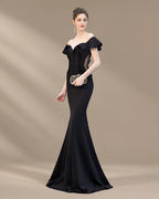 Off-Shoulder Ruffle Sleeve Beaded Mermaid Evening Gown | Oyese