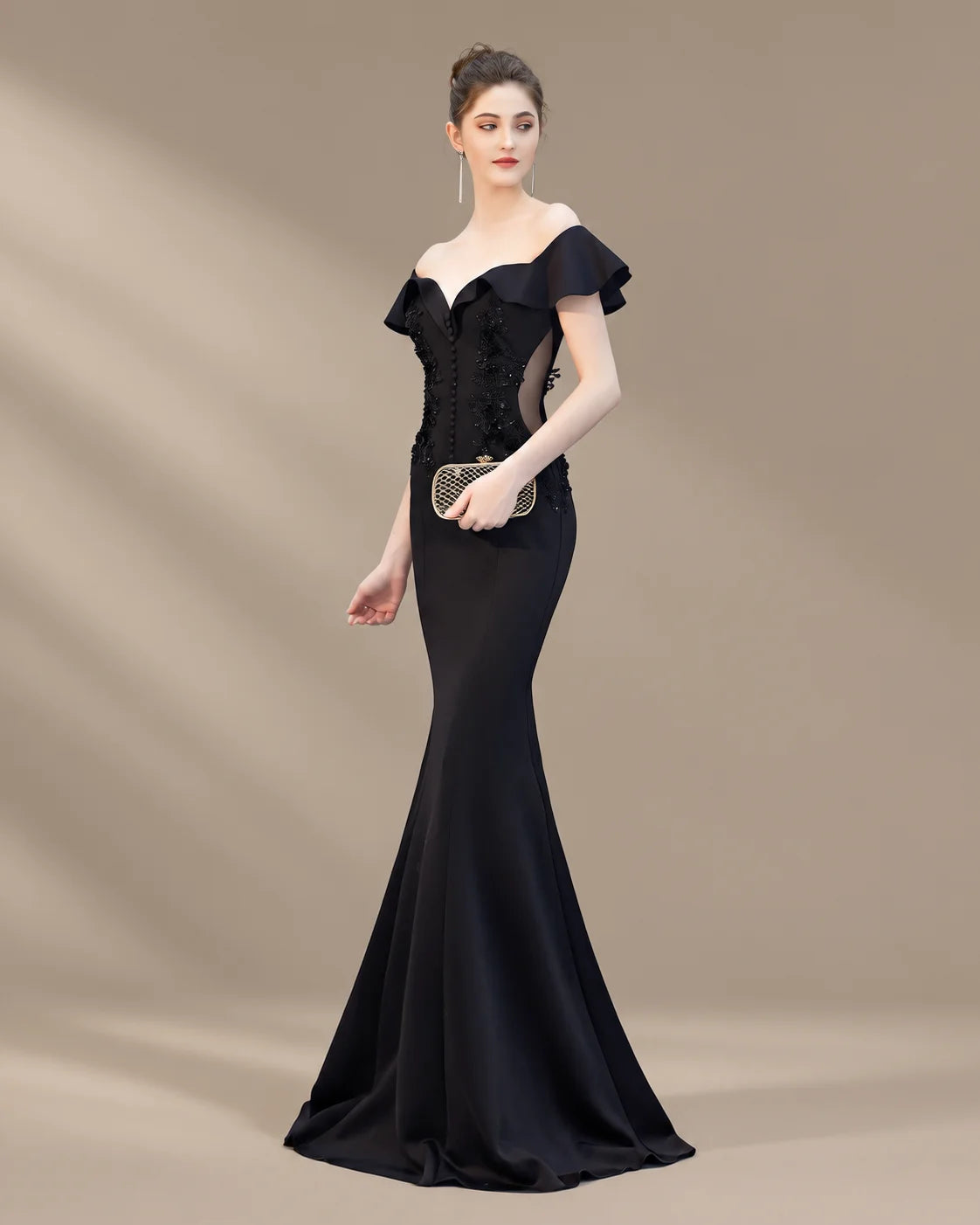 Off-Shoulder Ruffle Sleeve Beaded Mermaid Evening Gown | Oyese
