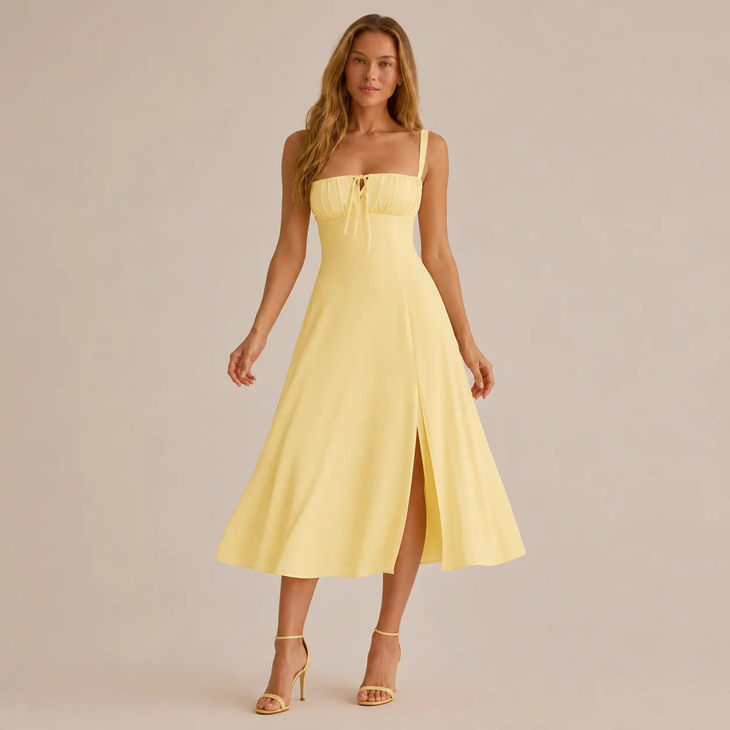 Square Neck Tie Front A-Line Midi Dress – Floral & Solid Summer Dress | Oyese