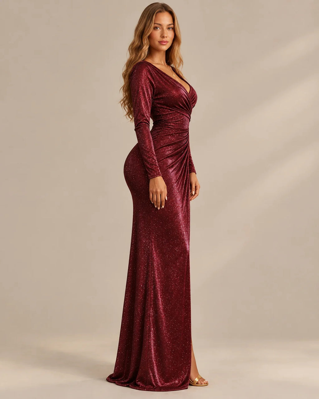 Shimmer Wrap V Neck Long Sleeve Maxi Dress – High Slit Evening Gown | Oyese