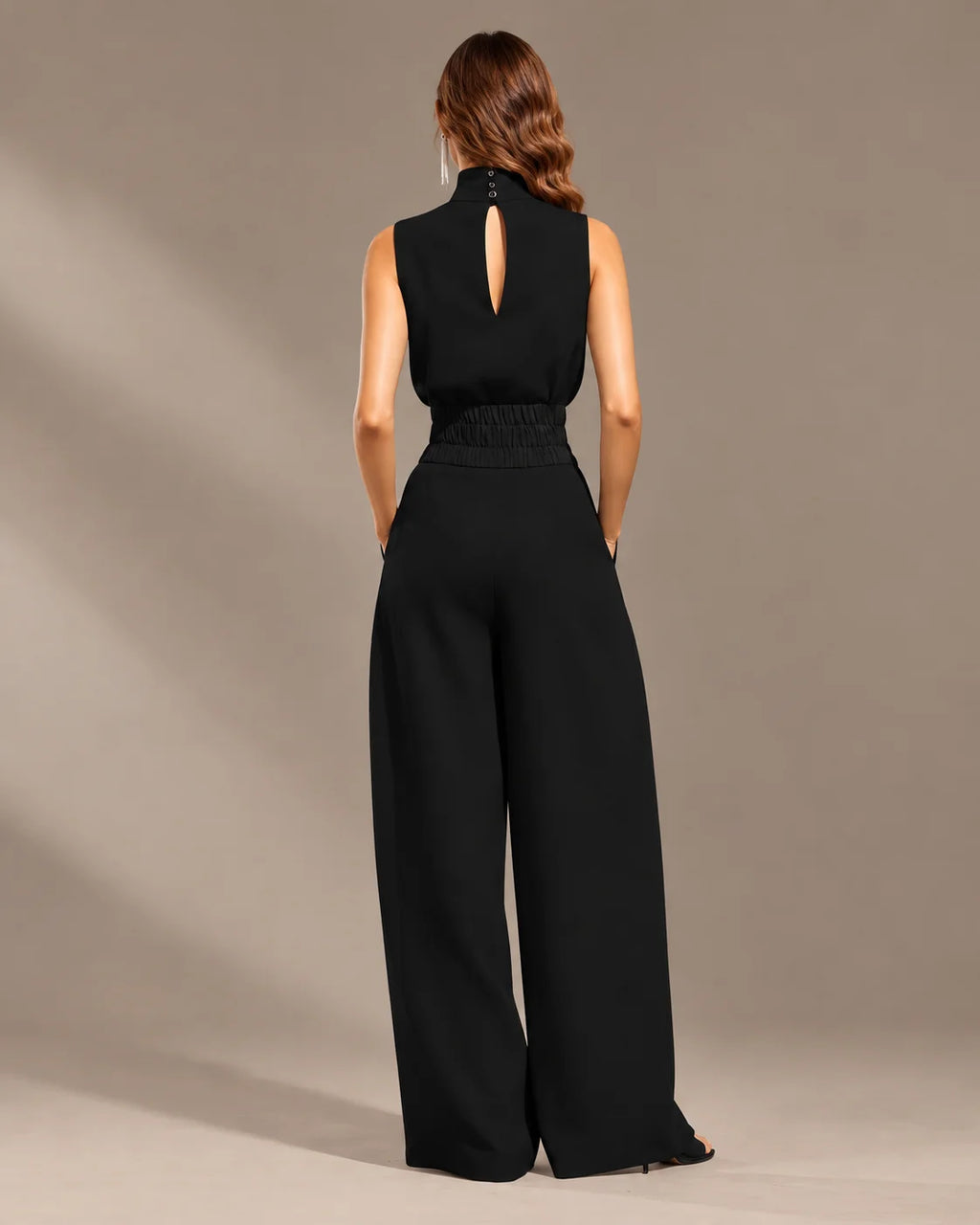 Linen-Blend Sleeveless Mock Neck Top and Wide-Leg Pants Set | Oyese