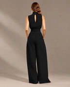 Linen-Blend Sleeveless Mock Neck Top and Wide-Leg Pants Set | Oyese