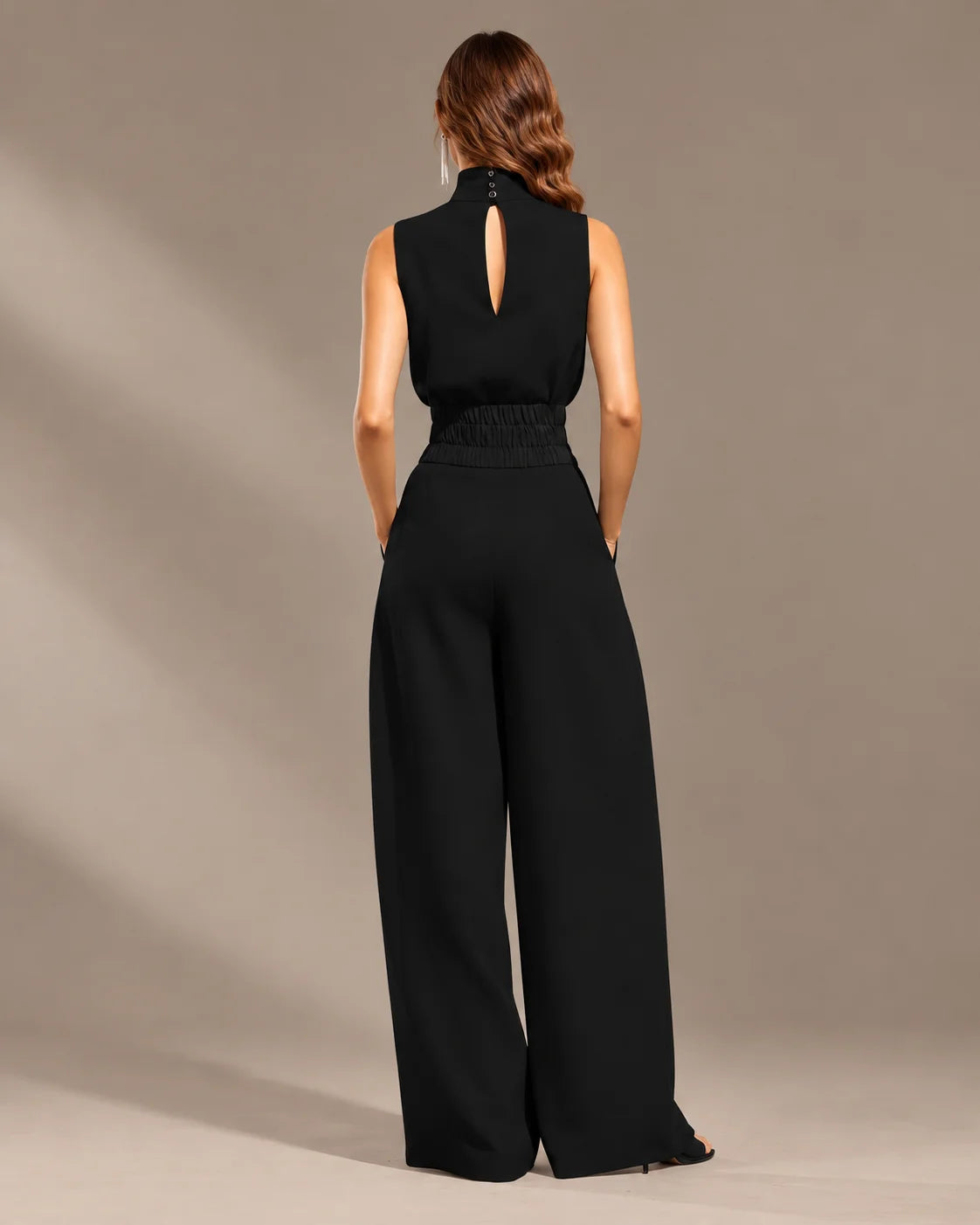 Linen-Blend Sleeveless Mock Neck Top and Wide-Leg Pants Set | Oyese