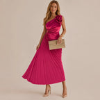 One Shoulder Rosette Pleated Maxi Dress – Cutout Waist Formal Gown | Oyese