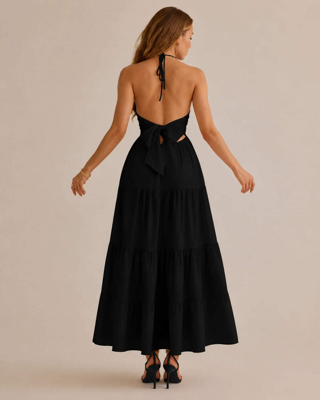 Halter Deep V-Neck Tiered Maxi Dress – Flowy Vacation Beach Dress | Oyese