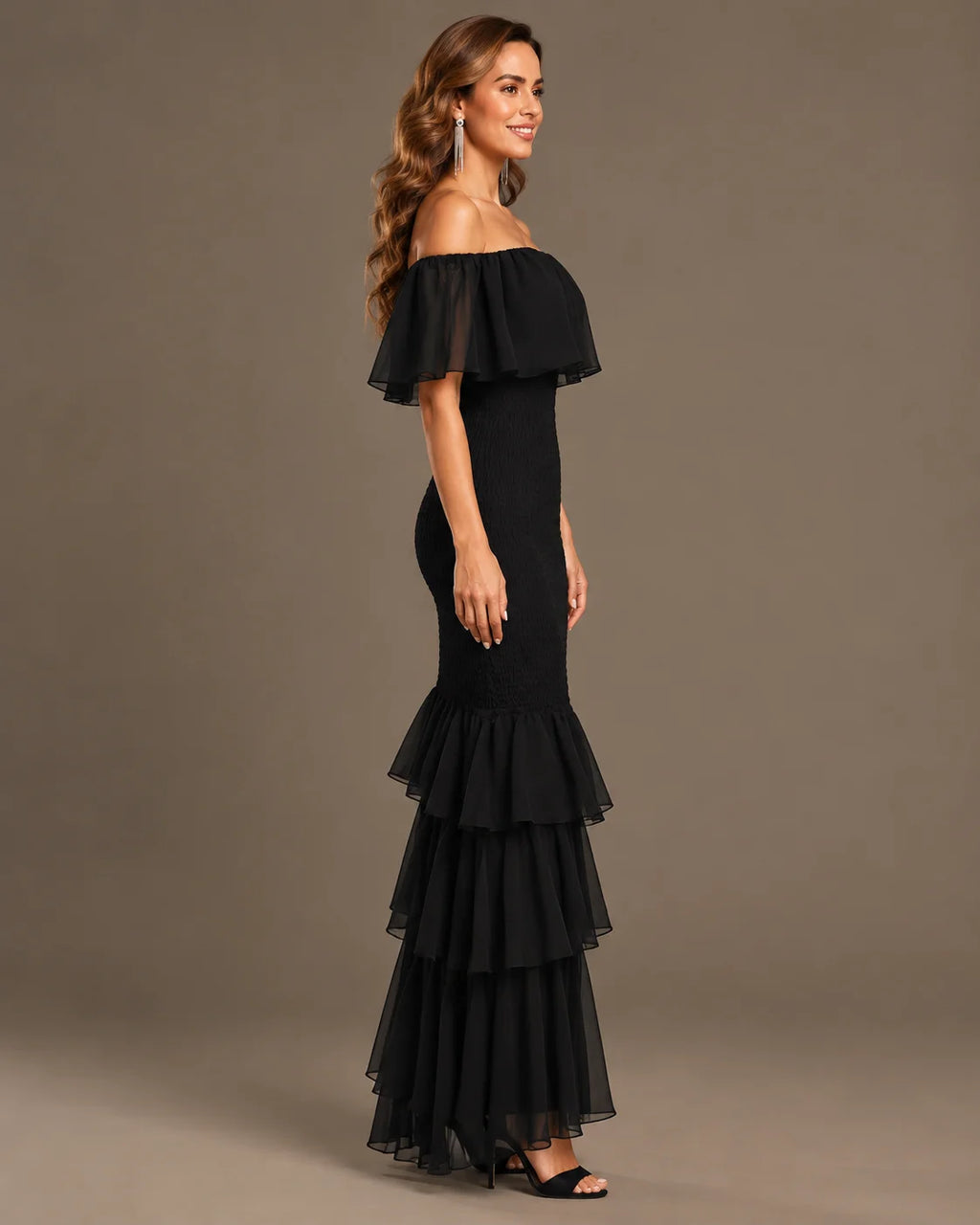 Strapless Pleated Tiered Ruffle Fitted Maxi Dress | Oyese