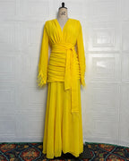 Deep V Long Sleeve Feather Cuff Maxi Dress with Slit | Oyese