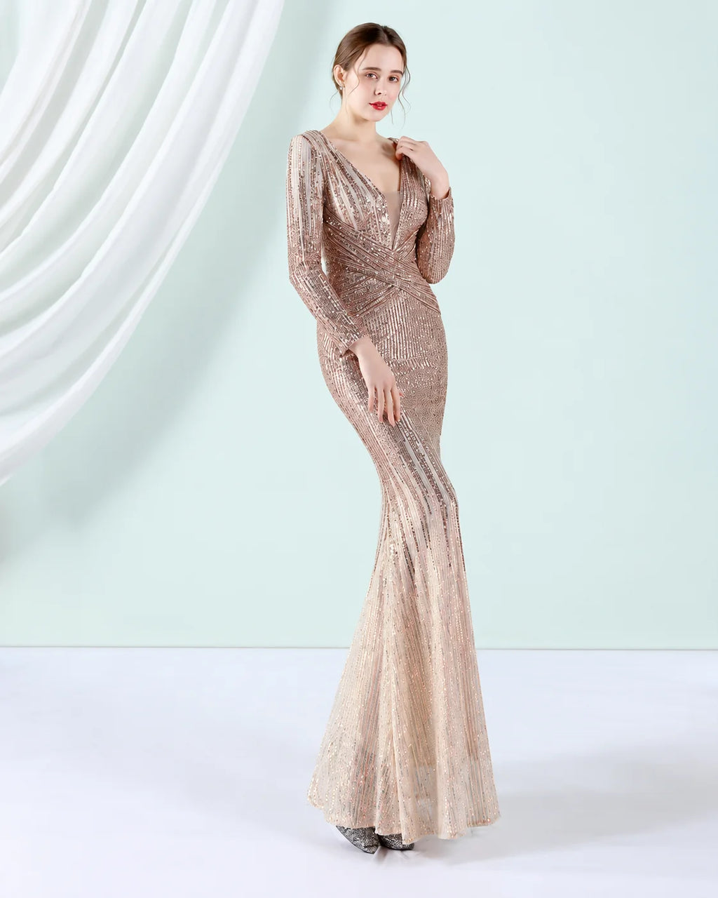 Deep V Long Sleeve Ombre Sequin Mermaid Evening Gown | Oyese