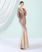Deep V Long Sleeve Ombre Sequin Mermaid Evening Gown | Oyese
