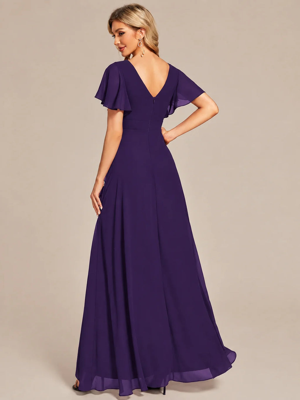 Double V-Neck Flutter Sleeve Flowy Slit Maxi Gown | Oyese