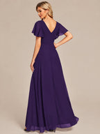 Double V-Neck Flutter Sleeve Flowy Slit Maxi Gown | Oyese