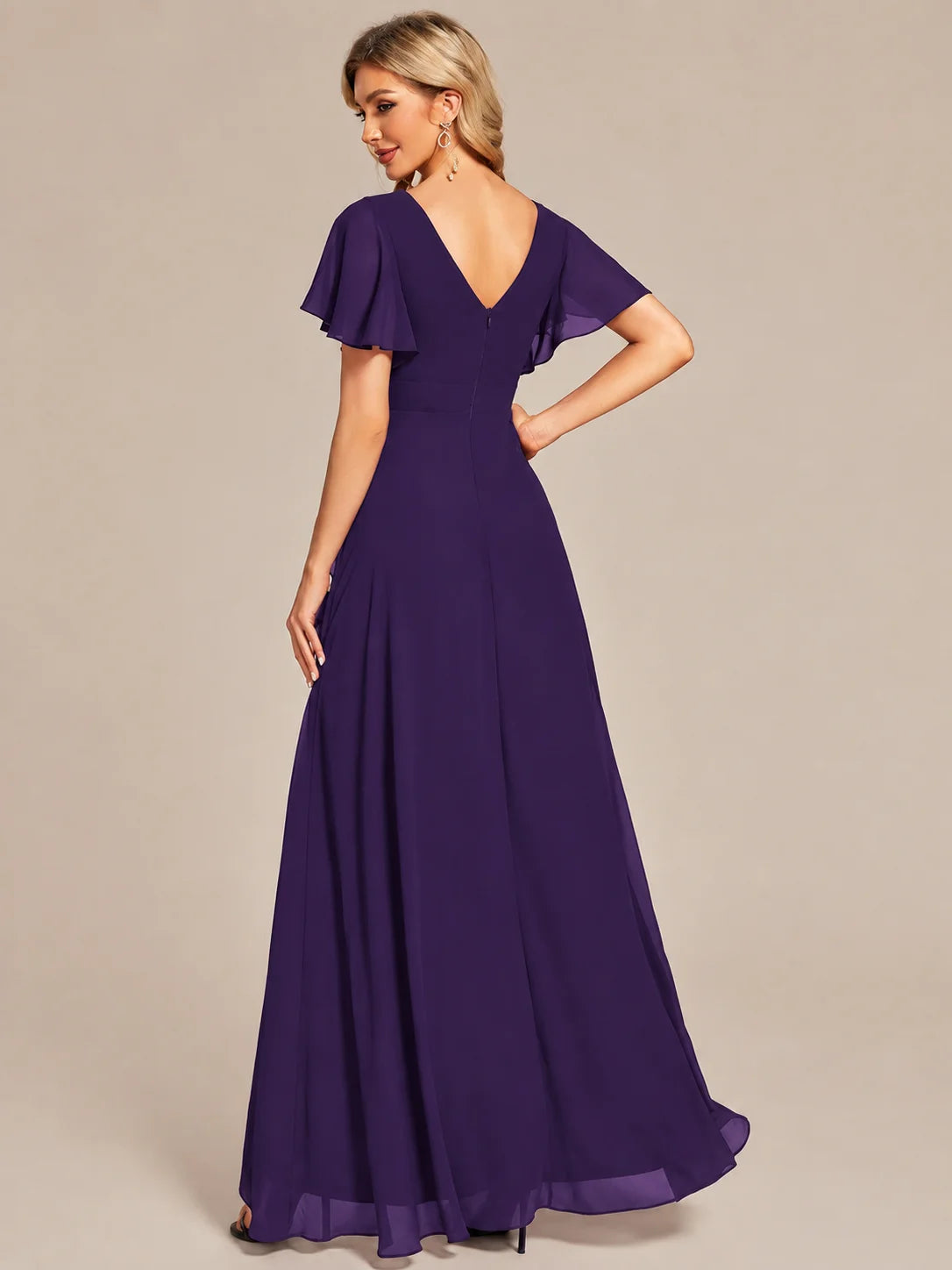 Double V-Neck Flutter Sleeve Flowy Slit Maxi Gown | Oyese
