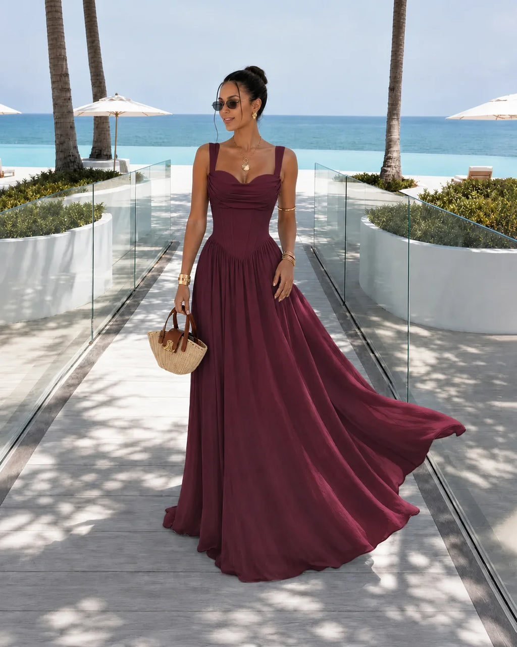 Sweetheart Boned Corset Bodice Gathered Chiffon Maxi Dress | Oyese