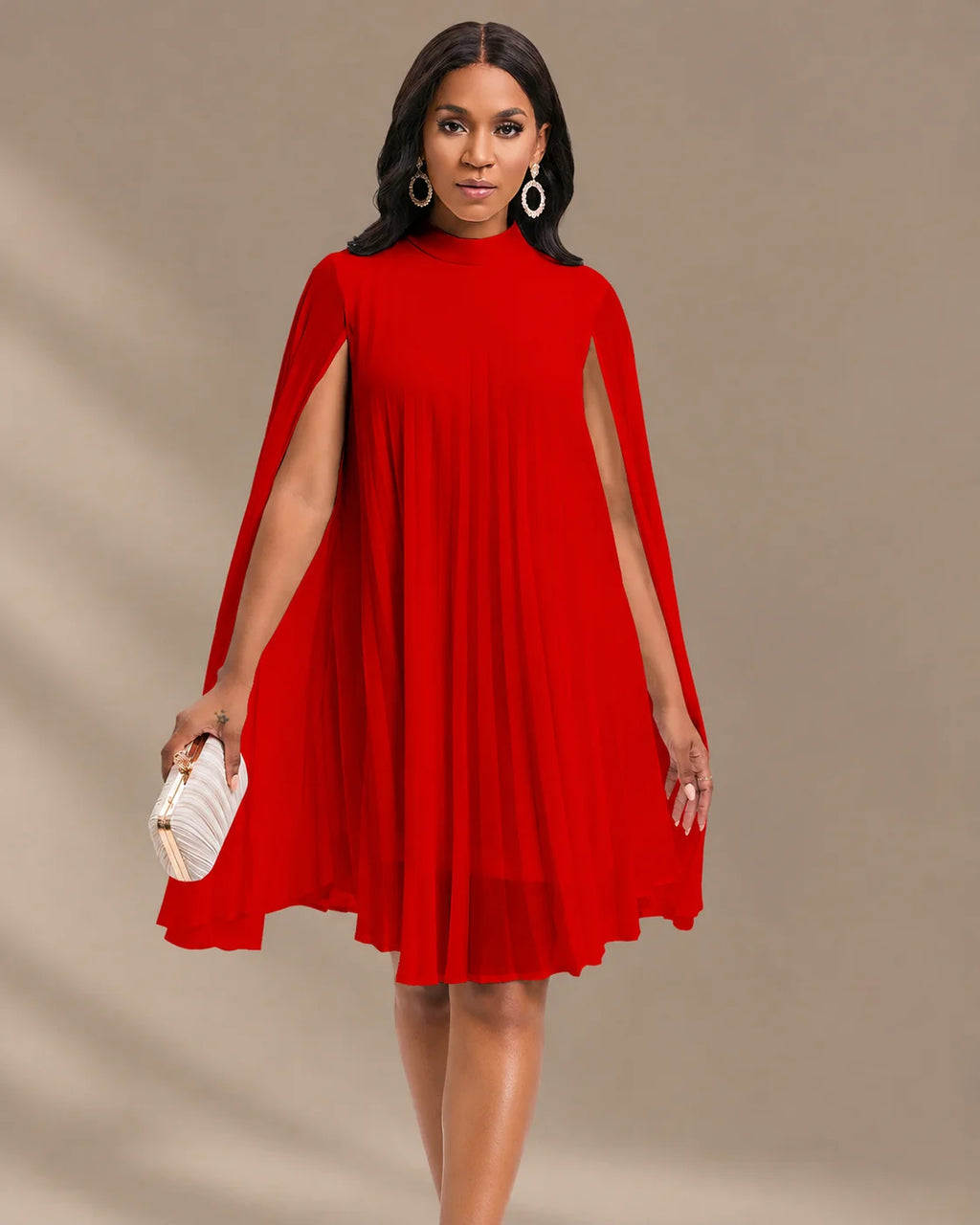Mock Neck Pleated Chiffon Cape Shift Dress | Oyese
