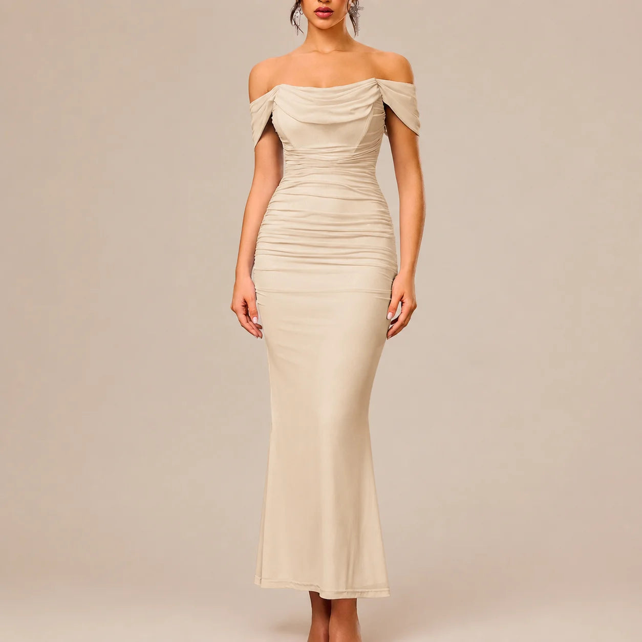 Off-Shoulder Ruched Mesh Bodycon Maxi Dress – Mermaid Evening Gown | Oyese