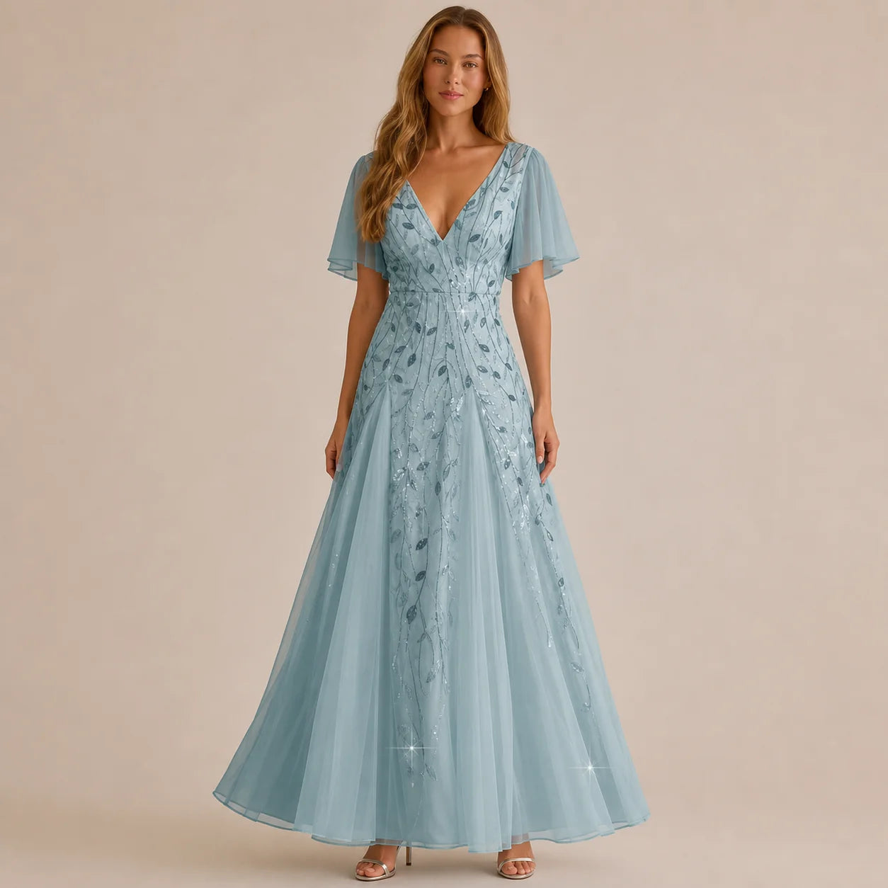 Deep V-Neck Sequin Tulle A-Line Gown – Flutter Sleeve Formal Evening Dress | Oyese