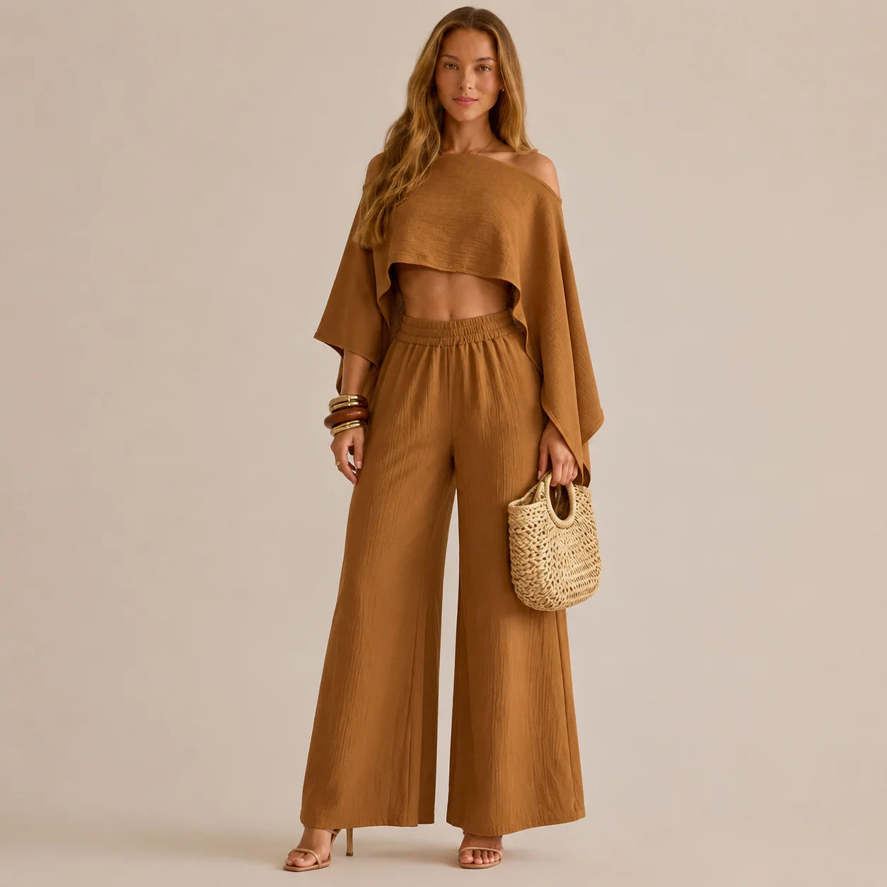 Off-Shoulder Cape Top & Wide Leg Pants Set – Beach Vacation 2-Piece | Oyese
