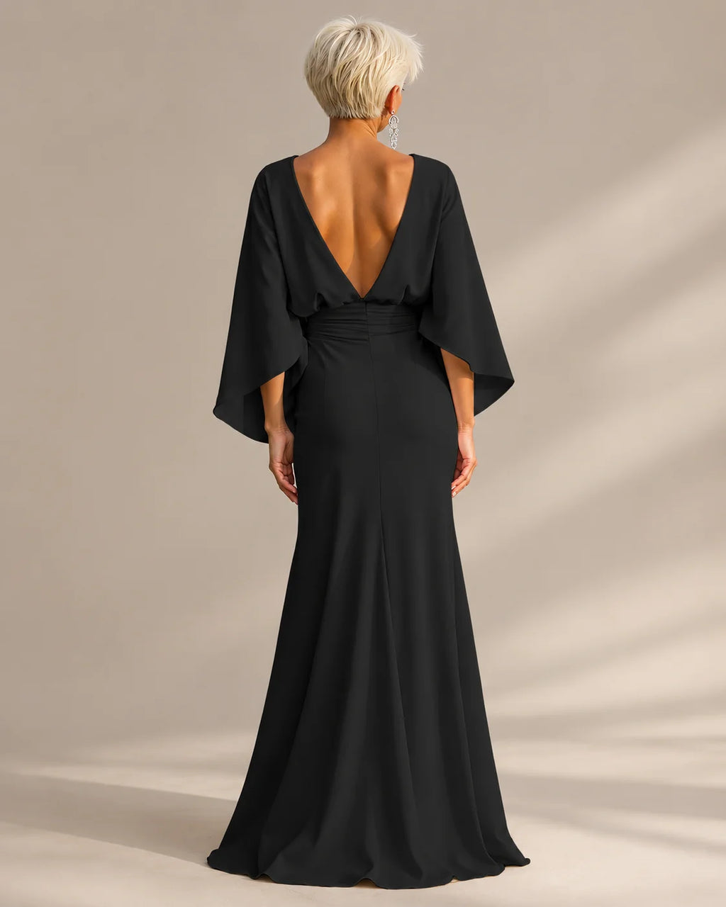 Satin Batwing Sleeve Maxi Dress with Pockets – Ruched Mermaid Evening Gown | Oyese