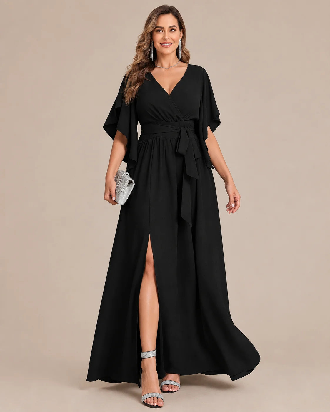Plus Size Wrap V-Neck Flutter Sleeve Slit Maxi Dress | Oyese