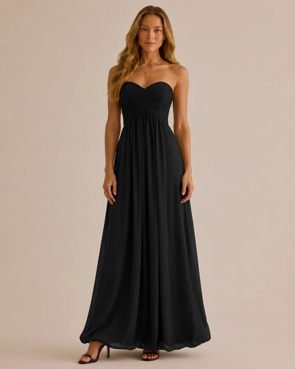Strapless Sweetheart Chiffon A-Line Maxi Dress – Bridesmaid Formal Gown | Oyese