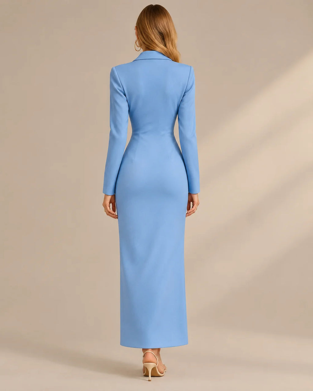 Single-Breasted Long Sleeve Fitted Longline Blazer Dress with Front Slit | Oyese