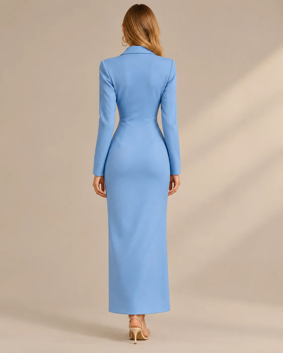 Single-Breasted Long Sleeve Fitted Longline Blazer Dress with Front Slit | Oyese