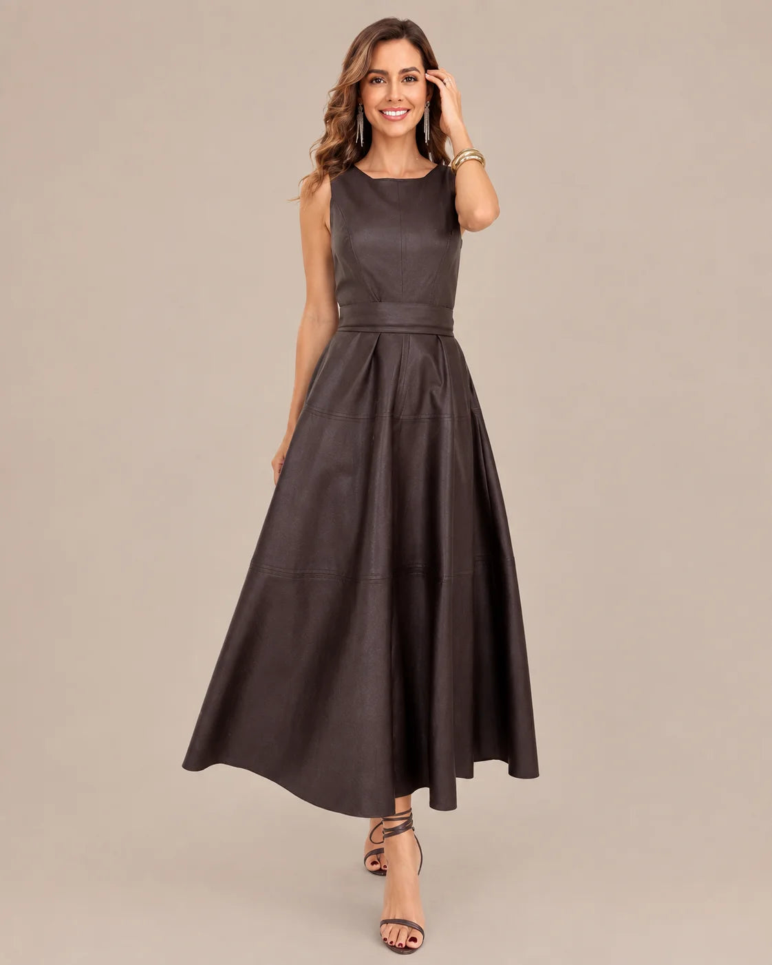 Sleeveless Faux Leather Belted A-Line Midi Dress | Oyese