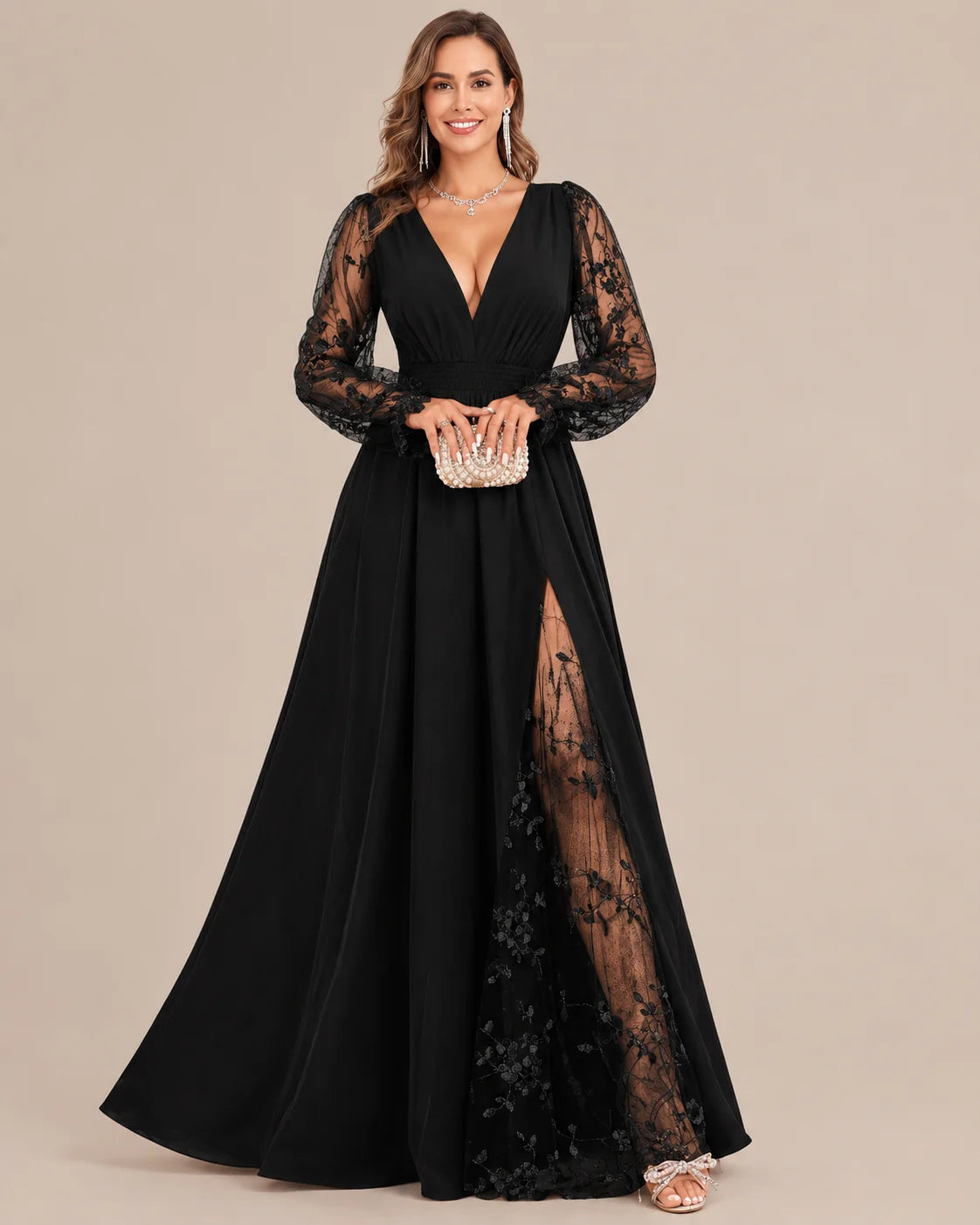 Plus Size Deep V Lace Sleeve Slit Maxi Gown | Oyese