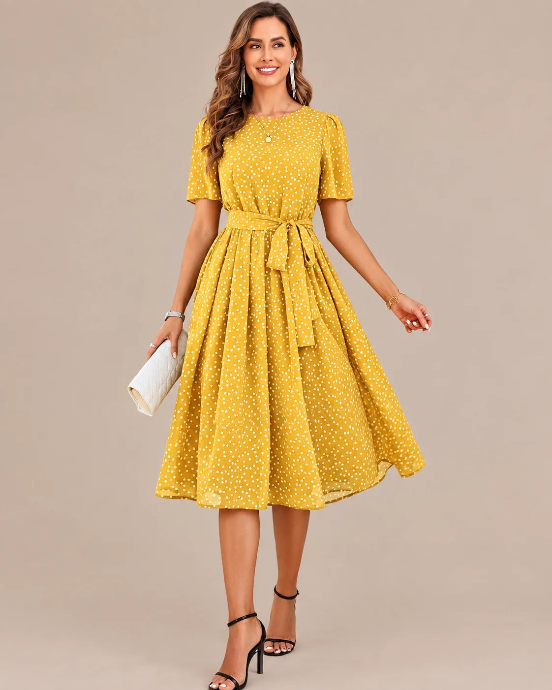 Polka Dot Tie Waist Fit-and-Flare Midi Dress | Oyese