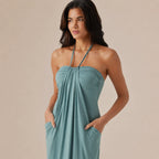Halter Tie Gathered Maxi Dress with Pockets – Relaxed Summer Drape | Oyese