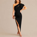 One Shoulder Ruffle Sleeve Cutout Maxi Dress – High Slit Formal Gown | Oyese
