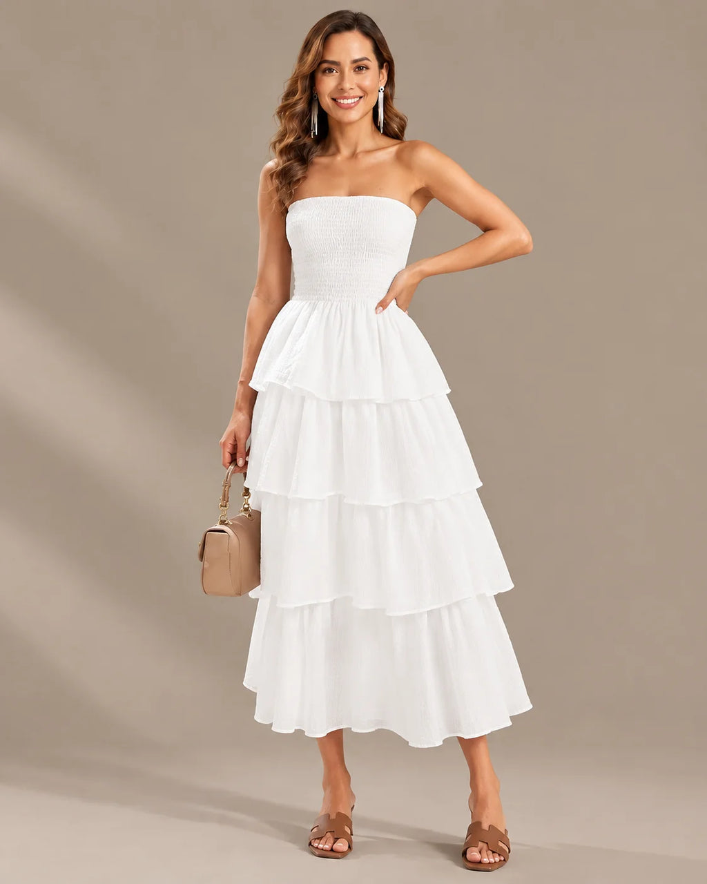 Strapless Smocked Bodice Tiered Maxi Dress | Oyese